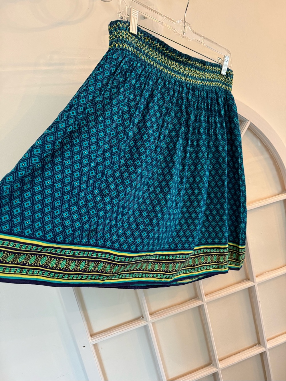 Old‎ Navy A-Line Skirt with Lime Trim Teal Diamond-Print Boho chic euro summer